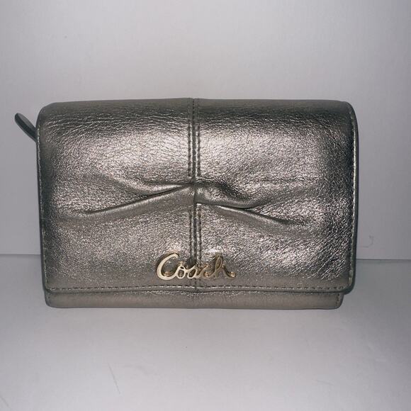 Coach Ashley Leather Pleated Bi-fold Wallet Bronze Metallic Gold W/zipper - Picture 1 of 11